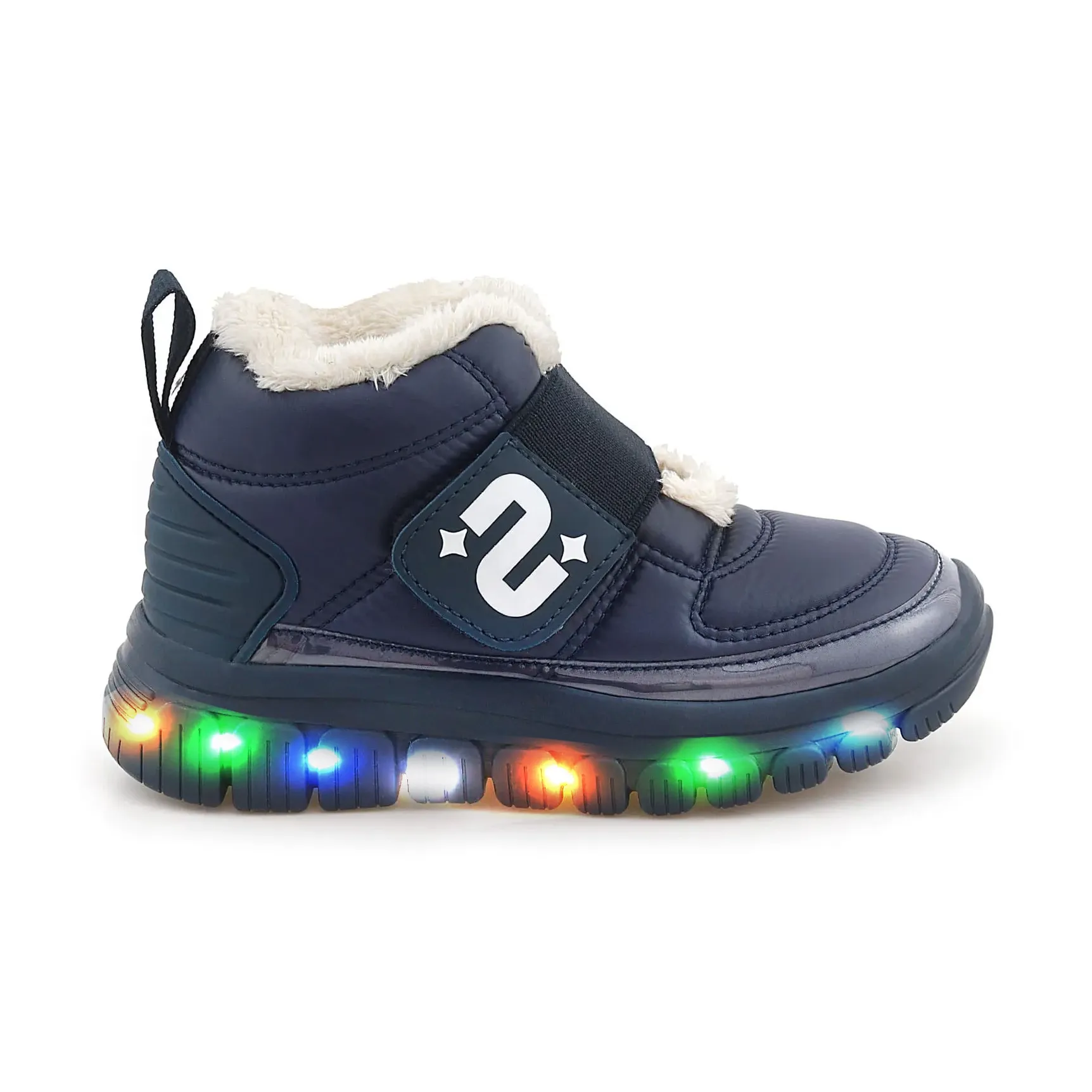 Tênis infantil masculino Novopé cor marinho com detalhes translúcidos e luzes coloridas no solado, fechamento em velcro largo, forro em pelúcia branca, solado antiderrapante